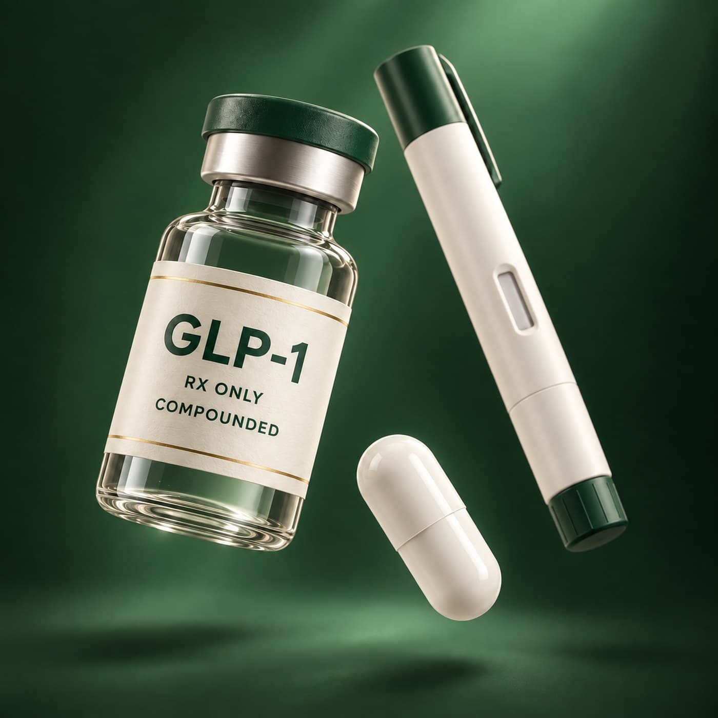 Compounded GLP-1 vial, injector pen and capsule