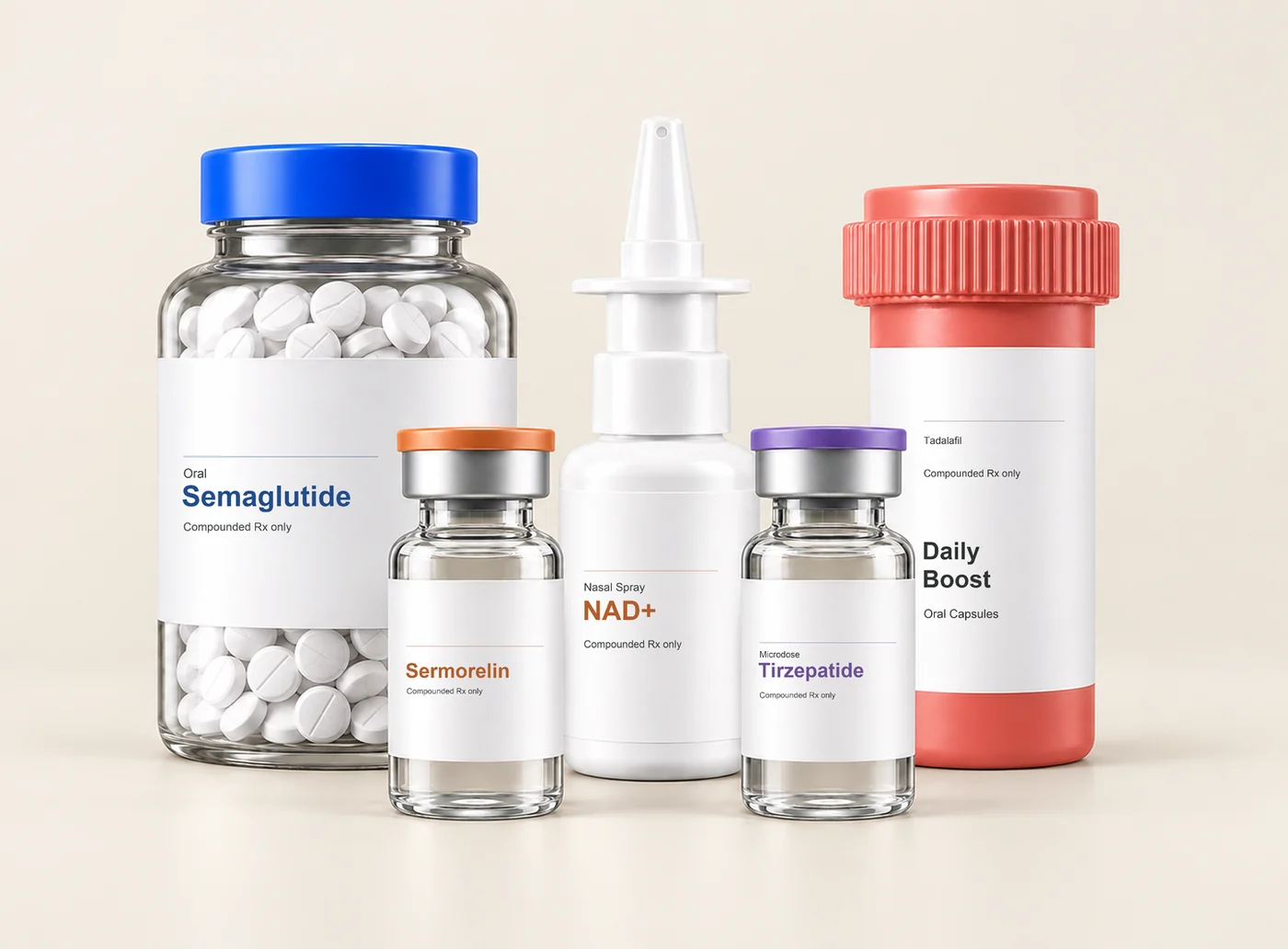 LongevityX MD compounded product family: oral semaglutide, sermorelin, NAD+ nasal spray, microdose tirzepatide, and Daily Boost oral capsules