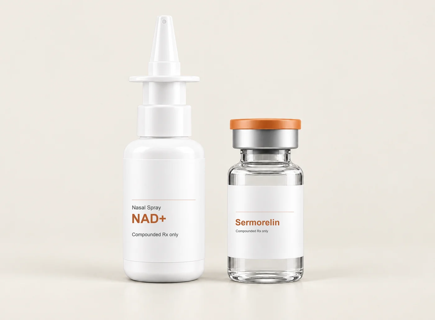 LongevityX MD compounded sermorelin vial and NAD+ nasal spray